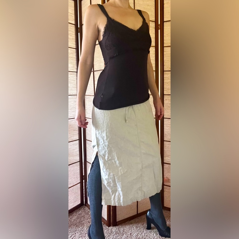 White stag vintage 90s linen cotton blend midi drawstring safari khaki skirt